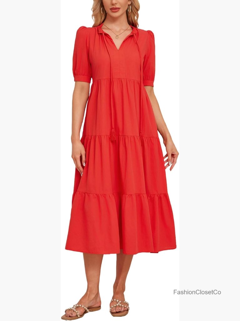 Women's Summer Maxi Dress Self-Tie V Neck Ruffle Hem Tiered Pockets